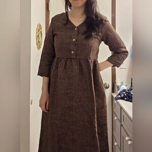 Notperfectlinen Chocolate Brown Checks Symi Valley Midi Dress Small 100% Linen